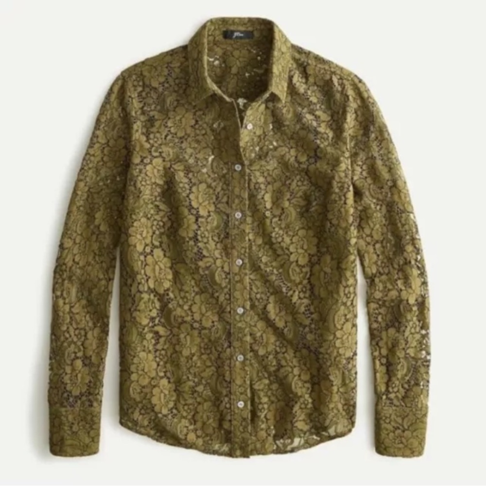 J Crew Shirt Size 2 Green Classic-Fit Lace Button-Up Top Long Sleeve Olive